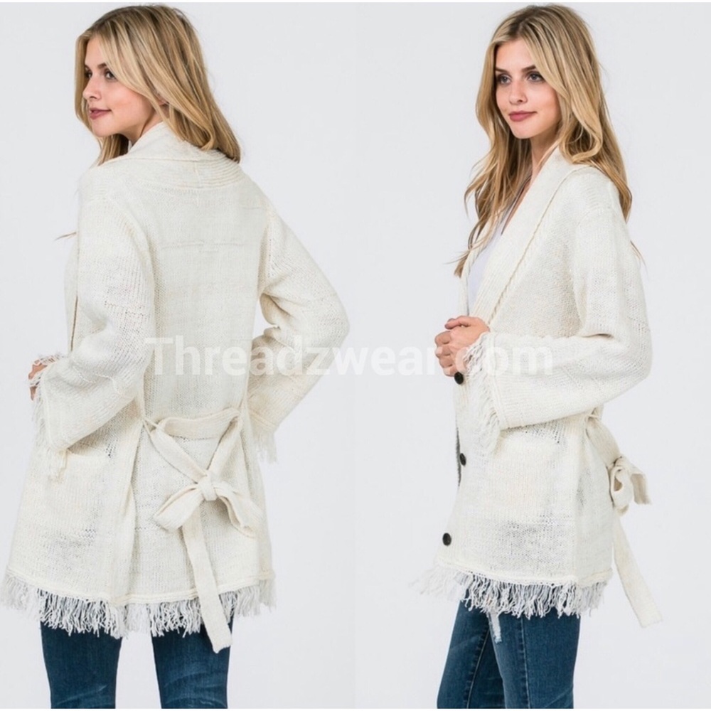 LAST ONE! Button Front Belted Cardigan w/ Fringe - Picture 6 of 9